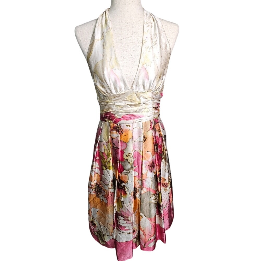 Adrianna Papell Silk Occasions Floral Halter Midi Dress Pink Orange White M - Picture 2 of 12
